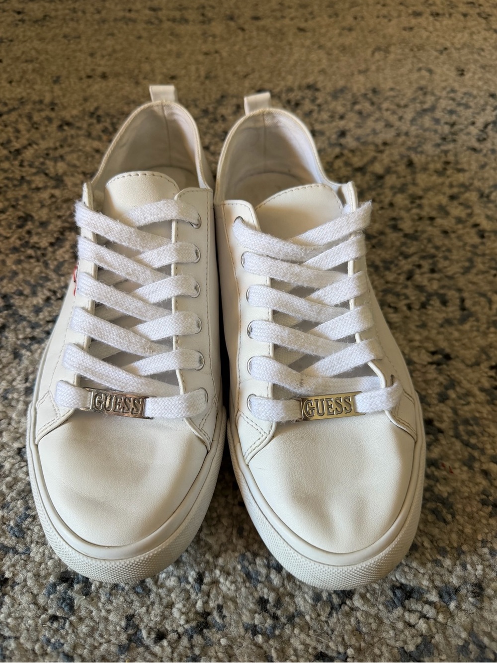 GUESS White Low-Top Lace-Up Sneakers with Gold Logo